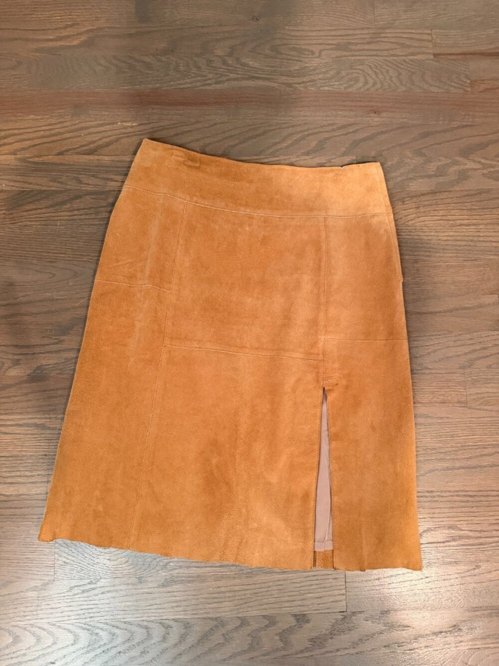 Vintage Genuine Suede Leather Tan Pencil Skirt Front Slit EU 38 UK 12 US 8